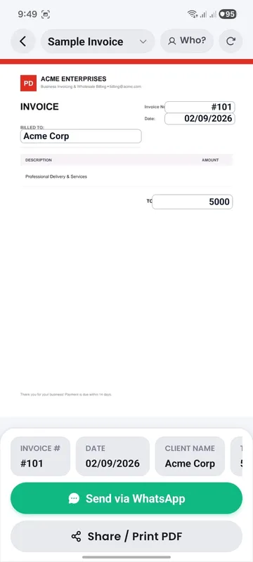 PDF editor showing an invoice and editable document fields