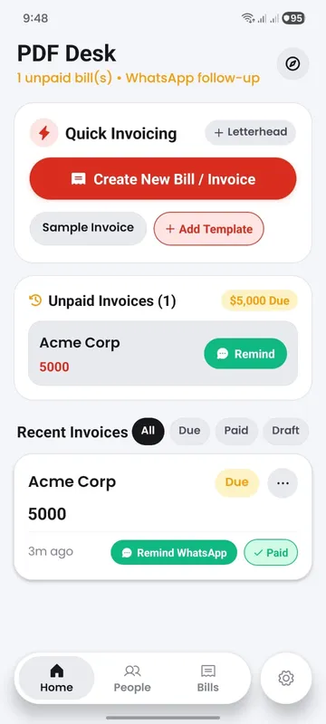 Invoice PDF app home screen and document workflow